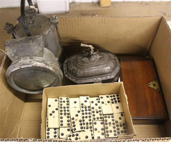 LNWR railway lamp, small Eastern metal box & contents, set of gold cased scales & a quantity of bone/ivory & ebony dominoes